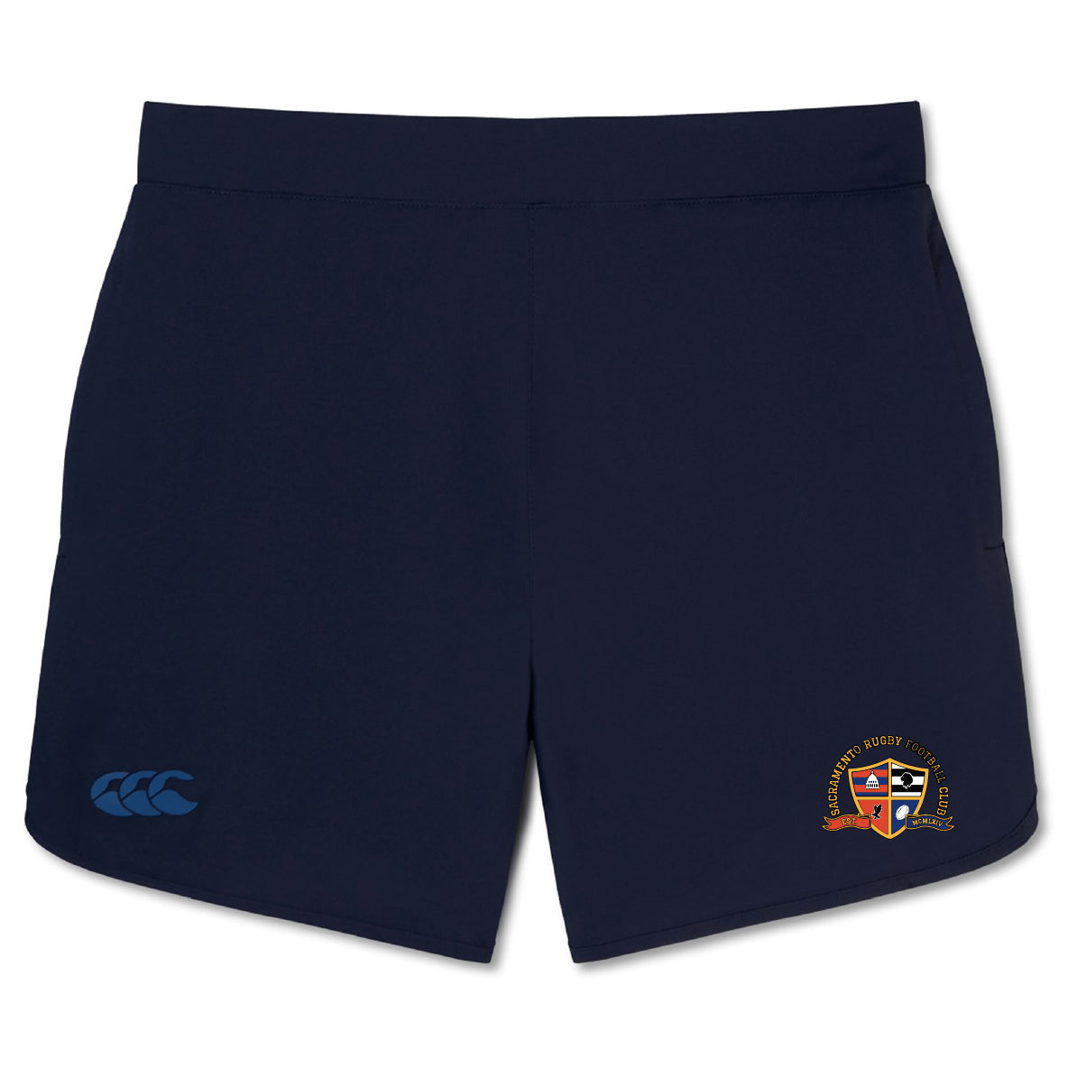 The Sacramento Rugby Football Club Women's Elite Woven Short by EMB Canterbury features a small crest logo on the right leg, Canterbury branding on the left, and zippered pockets for convenience.