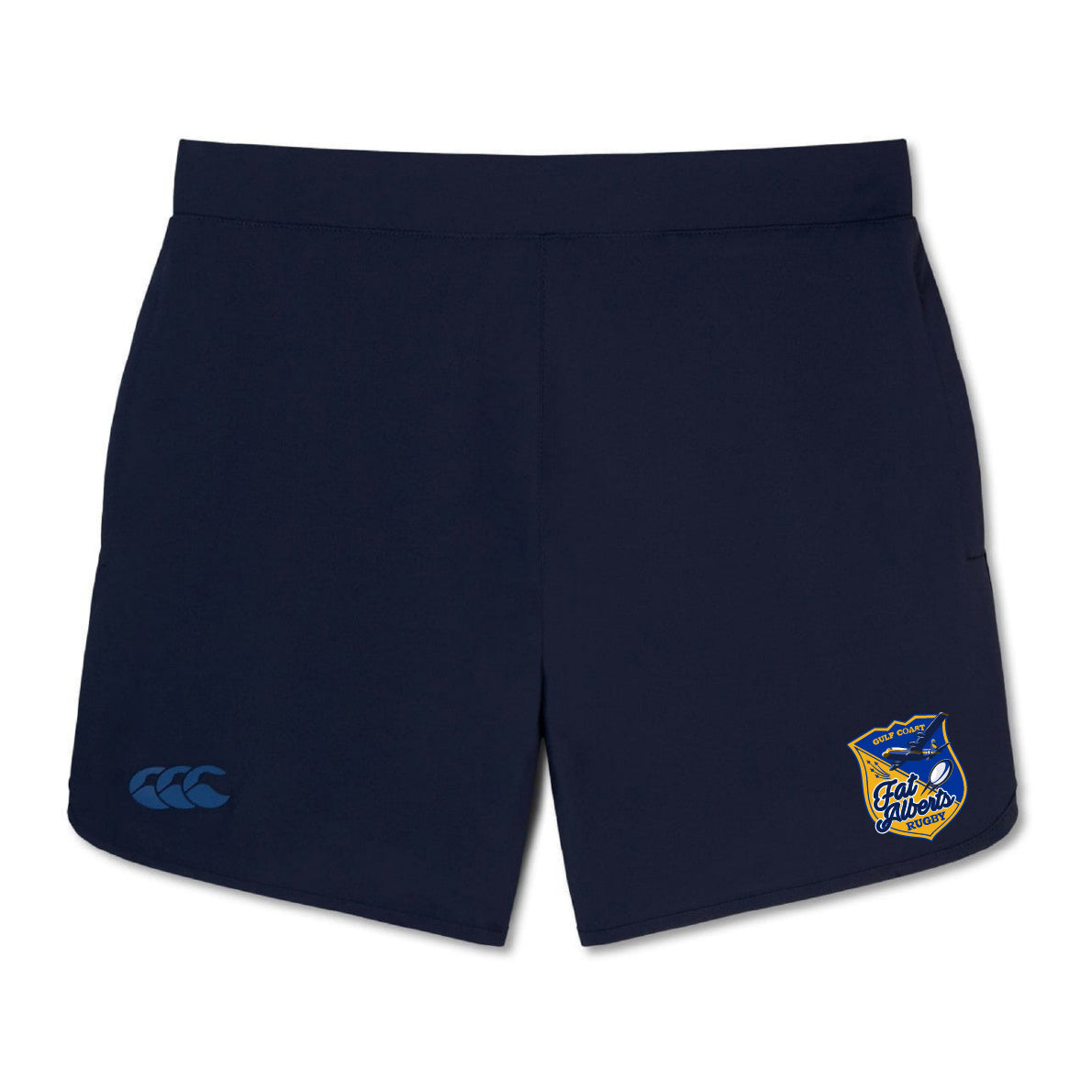 The Gulf Coast Fat Alberts Women's Elite Woven Short by EMB Canterbury features a navy design, light blue logo on the left leg, zippered pockets, and a yellow/blue "Eels Juniors Rugby" crest on the right leg.