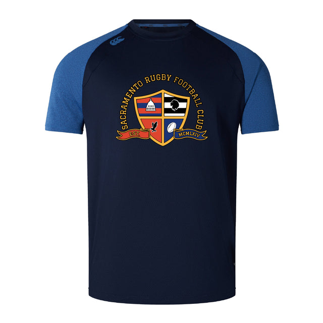 The Sacramento Rugby Football Club Elite Training Tee by WRS Canterbury is a navy and blue short-sleeve shirt with the club crest, made from lightweight, durable Vapodri fabric for comfort on and off the field.