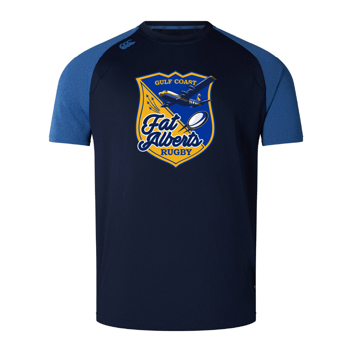 The WRS Canterbury Gulf Coast Fat Alberts Elite Training Tee features navy and blue sleeves, a chest logo with a plane and rugby ball, and is made from lightweight durable materials for comfort on and off the field.