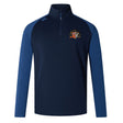 The Sacramento Rugby Football Club Women's Elite First Layer by EMB Canterbury is a navy and blue long-sleeve quarter-zip pullover with an embroidered crest on the left chest, logo on the right shoulder, and moisture-wicking fabric for comfort.