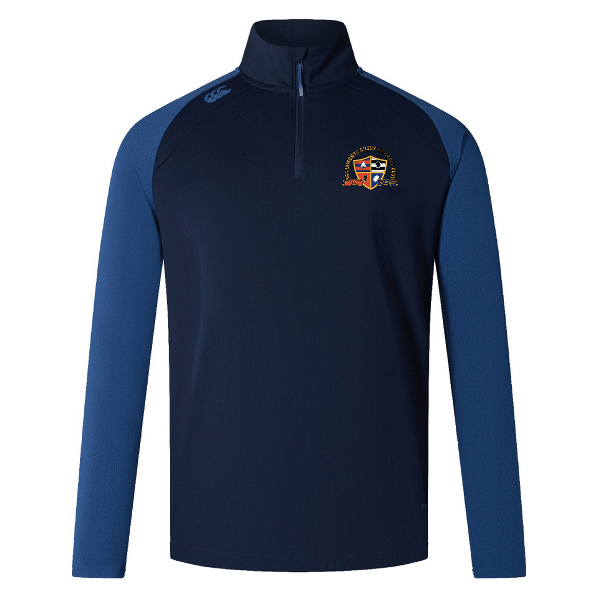 The Sacramento Rugby Football Club Women's Elite First Layer by EMB Canterbury is a navy and blue long-sleeve quarter-zip pullover with an embroidered crest on the left chest, logo on the right shoulder, and moisture-wicking fabric for comfort.