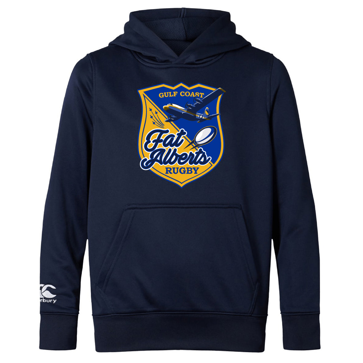 The Gulf Coast Fat Alberts Club Lightweight Hoodie by WRS Canterbury features a "Gulf Coast Fat Alberts Rugby" logo with a plane and rugby ball on the front, plus a comfy kangaroo pocket.