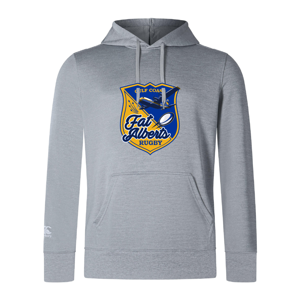 The Gulf Coast Fat Alberts Club Lightweight Hoodie by Canterbury, from WRS Canterbury, is a light gray hoodie with a bold blue, yellow, and white "Gulf Coast Fat Alberts Rugby" chest logo and a cozy kangaroo pocket.