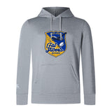 The Gulf Coast Fat Alberts Club Lightweight Hoodie by Canterbury, from WRS Canterbury, is a light gray hoodie with a bold blue, yellow, and white "Gulf Coast Fat Alberts Rugby" chest logo and a cozy kangaroo pocket.