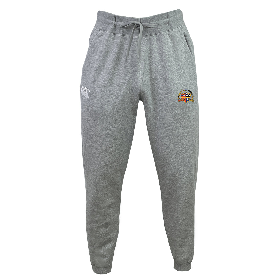 The EMB Canterbury Sacramento Rugby Football Club Leisure Sweatpant is a cozy grey pair made from soft recycled polyester fleece, featuring an elastic waistband, drawstring, and two embroidered thigh logos.