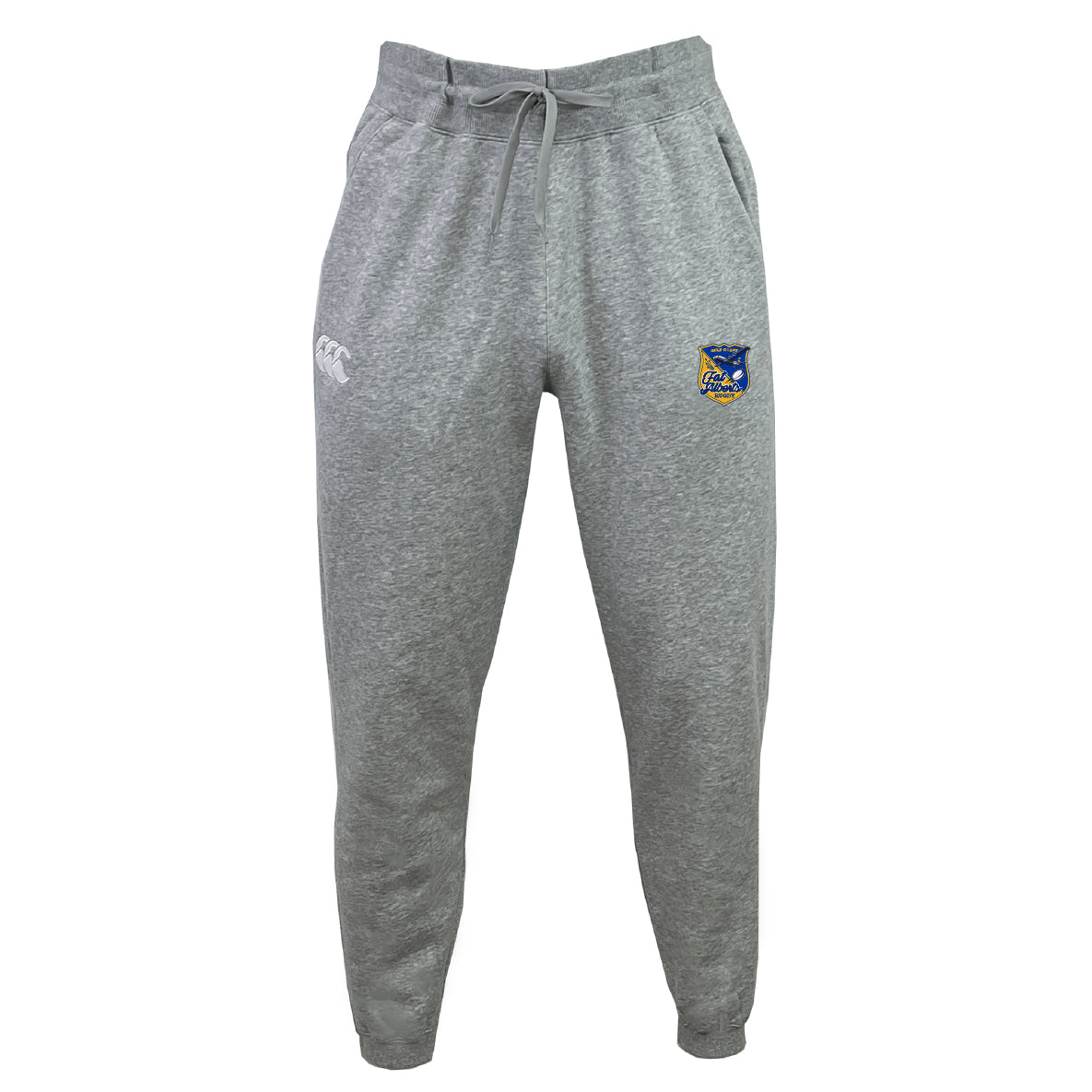 The Gulf Coast Fat Alberts Leisure Sweatpant by EMB Canterbury features a drawstring waist, white logo on the left thigh, blue and yellow crest emblem on the right thigh, and is crafted from sustainable fleece for comfort and style.