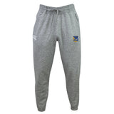 The Gulf Coast Fat Alberts Leisure Sweatpant by EMB Canterbury features a drawstring waist, white logo on the left thigh, blue and yellow crest emblem on the right thigh, and is crafted from sustainable fleece for comfort and style.