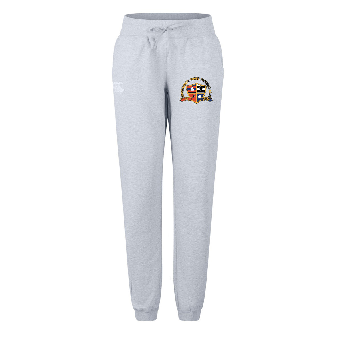 The EMB Canterbury Sacramento Rugby Football Club Women's Leisure Sweatpant features light gray organic cotton, an elastic waistband, drawstring, side pockets, and two embroidered thigh patches—ideal for relaxed days or pairing with Canterbury gear.