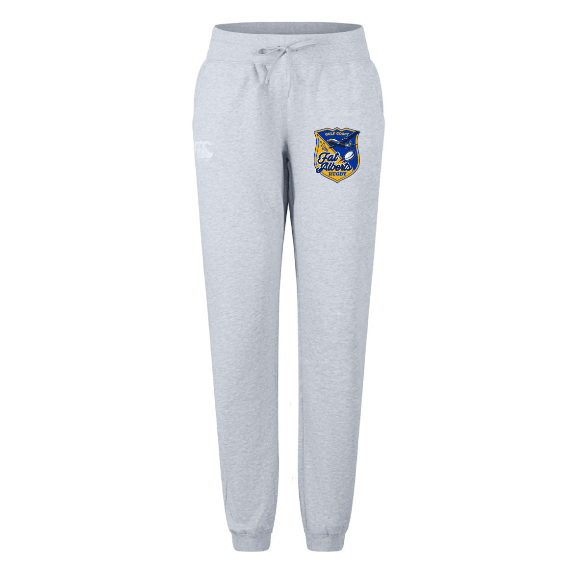 Light grey EMB Canterbury Gulf Coast Fat Alberts Women's Leisure Sweatpant with a drawstring waist and colorful "Lake Gillooly's" crest logo on the left thigh.