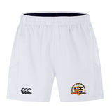The EMB Canterbury Sacramento Rugby Football Club Advantage Short 2.0 features an elastic waistband, black Canterbury logo on the left leg, multicolored crest with text on the right, and is made with recycled content for high-performance training.