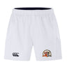 The EMB Canterbury Sacramento Rugby Football Club Advantage Short 2.0 features an elastic waistband, black Canterbury logo on the left leg, multicolored crest with text on the right, and is made with recycled content for high-performance training.