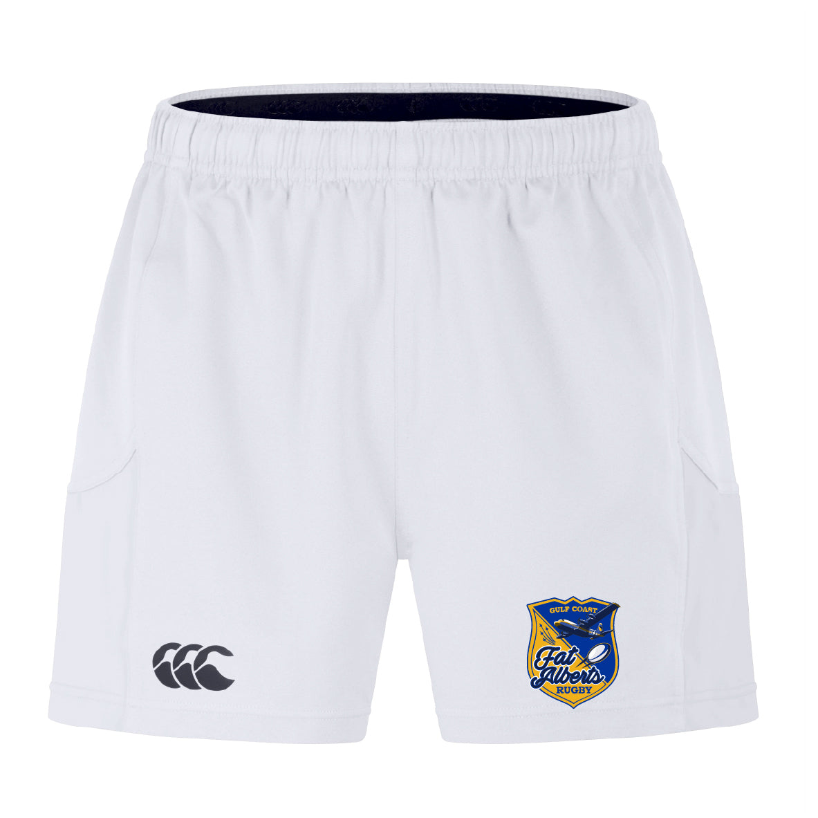 The Gulf Coast Fat Alberts Advantage Short 2.0 by EMB Canterbury features an elastic waistband, black Canterbury logo on the left leg, and a blue and yellow crest badge on the right—ideal for high-performance training.