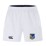 The Gulf Coast Fat Alberts Advantage Short 2.0 by EMB Canterbury features an elastic waistband, black Canterbury logo on the left leg, and a blue and yellow crest badge on the right—ideal for high-performance training.
