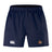 The Sacramento Rugby Football Club Advantage Short 2.0 by EMB Canterbury features navy blue recycled fabric, an elastic waistband, two side pockets, a white Canterbury logo on the left leg, and a club crest on the right.