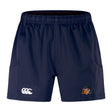 The Sacramento Rugby Football Club Advantage Short 2.0 by EMB Canterbury features navy blue recycled fabric, an elastic waistband, two side pockets, a white Canterbury logo on the left leg, and a club crest on the right.