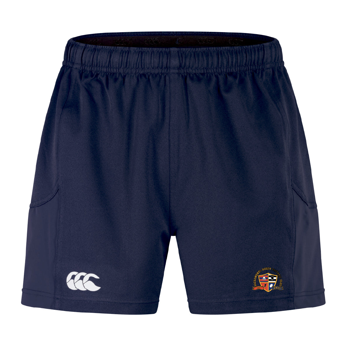 The Sacramento Rugby Football Club Advantage Short 2.0 by EMB Canterbury features navy blue recycled fabric, an elastic waistband, two side pockets, a white Canterbury logo on the left leg, and a club crest on the right.