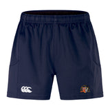 The Sacramento Rugby Football Club Advantage Short 2.0 by EMB Canterbury features navy blue recycled fabric, an elastic waistband, two side pockets, a white Canterbury logo on the left leg, and a club crest on the right.