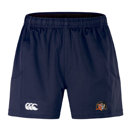 The Sacramento Rugby Football Club Advantage Short 2.0 by EMB Canterbury features navy blue recycled fabric, an elastic waistband, two side pockets, a white Canterbury logo on the left leg, and a club crest on the right.