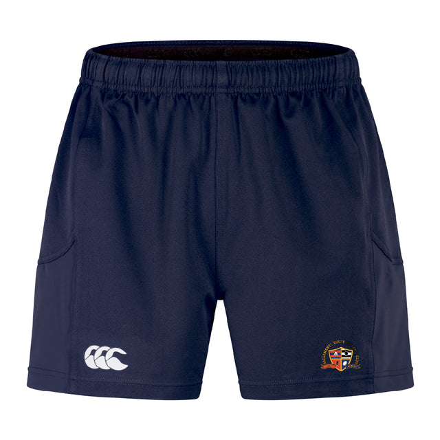 The Sacramento Rugby Football Club Advantage Short 2.0 by EMB Canterbury features navy blue recycled fabric, an elastic waistband, two side pockets, a white Canterbury logo on the left leg, and a club crest on the right.