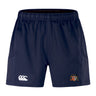 The Sacramento Rugby Football Club Advantage Short 2.0 by EMB Canterbury features navy blue recycled fabric, an elastic waistband, two side pockets, a white Canterbury logo on the left leg, and a club crest on the right.