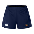 Sacramento Rugby Football Club Women's Advantage Short 2.0 by EMB Canterbury: Navy blue training shorts with a white Canterbury logo on the left leg and an embroidered club crest and text on the right leg.