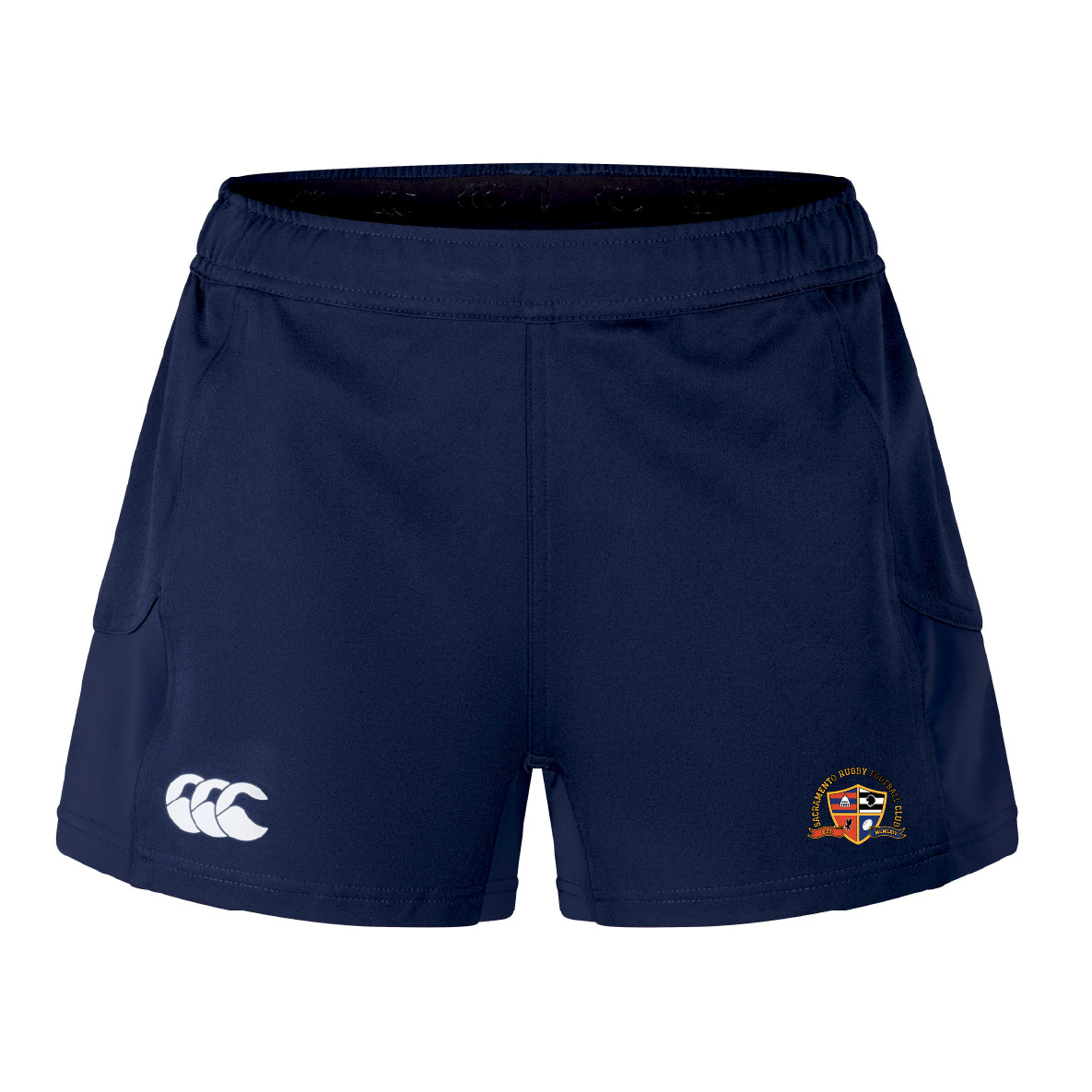 Sacramento Rugby Football Club Women's Advantage Short 2.0 by EMB Canterbury: Navy blue training shorts with a white Canterbury logo on the left leg and an embroidered club crest and text on the right leg.