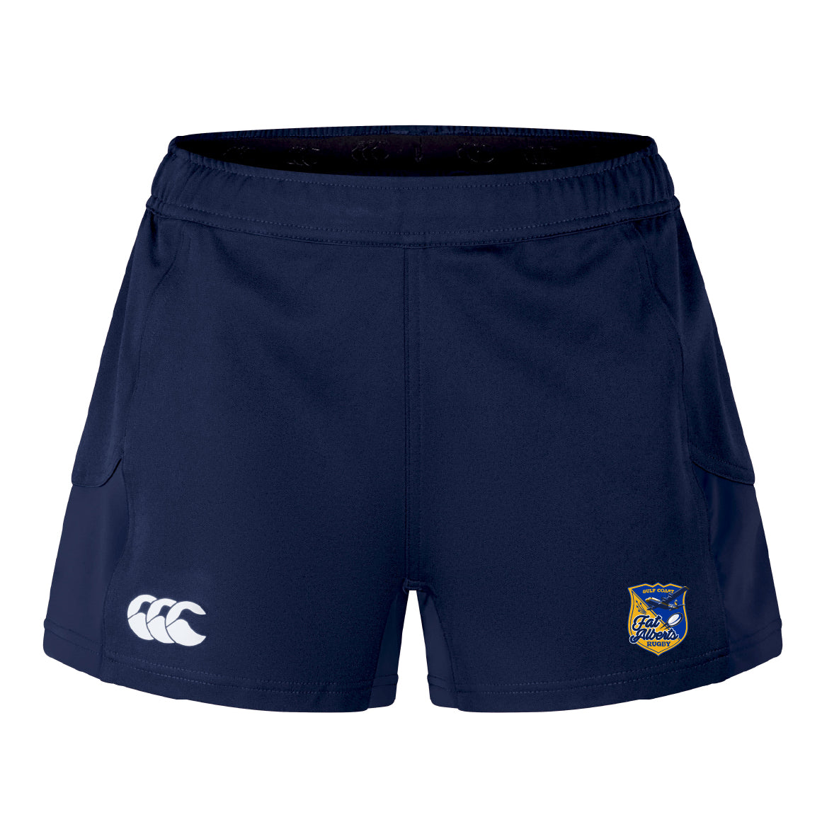 The Gulf Coast Fat Alberts Women's Advantage Short 2.0 by EMB Canterbury are navy performance training shorts with a white Canterbury logo on the left leg and a yellow and blue club emblem on the right leg.