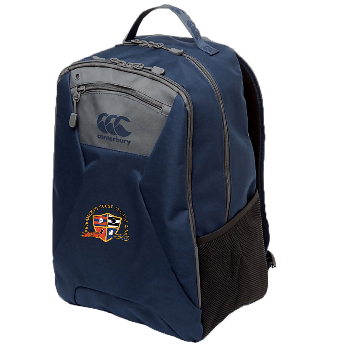 The Sacramento Rugby Football Club Medium Backpack by EMB Canterbury features a front zip pocket, side mesh pocket, padded laptop pocket, and club crest. This water repellent navy backpack is ideal for daily use.