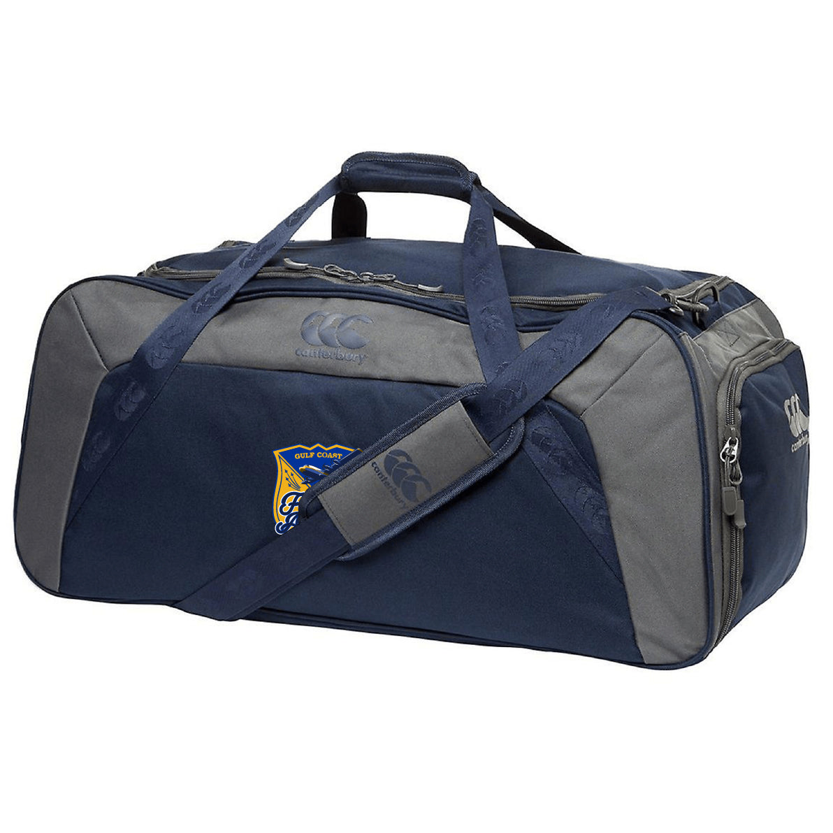 The EMB Canterbury Gulf Coast Fat Alberts Holdall Duffle Bag features navy and gray colors, a shoulder strap, handles, side pocket, water-repellent finish, and an embroidered crest—ideal for your rugby essentials.