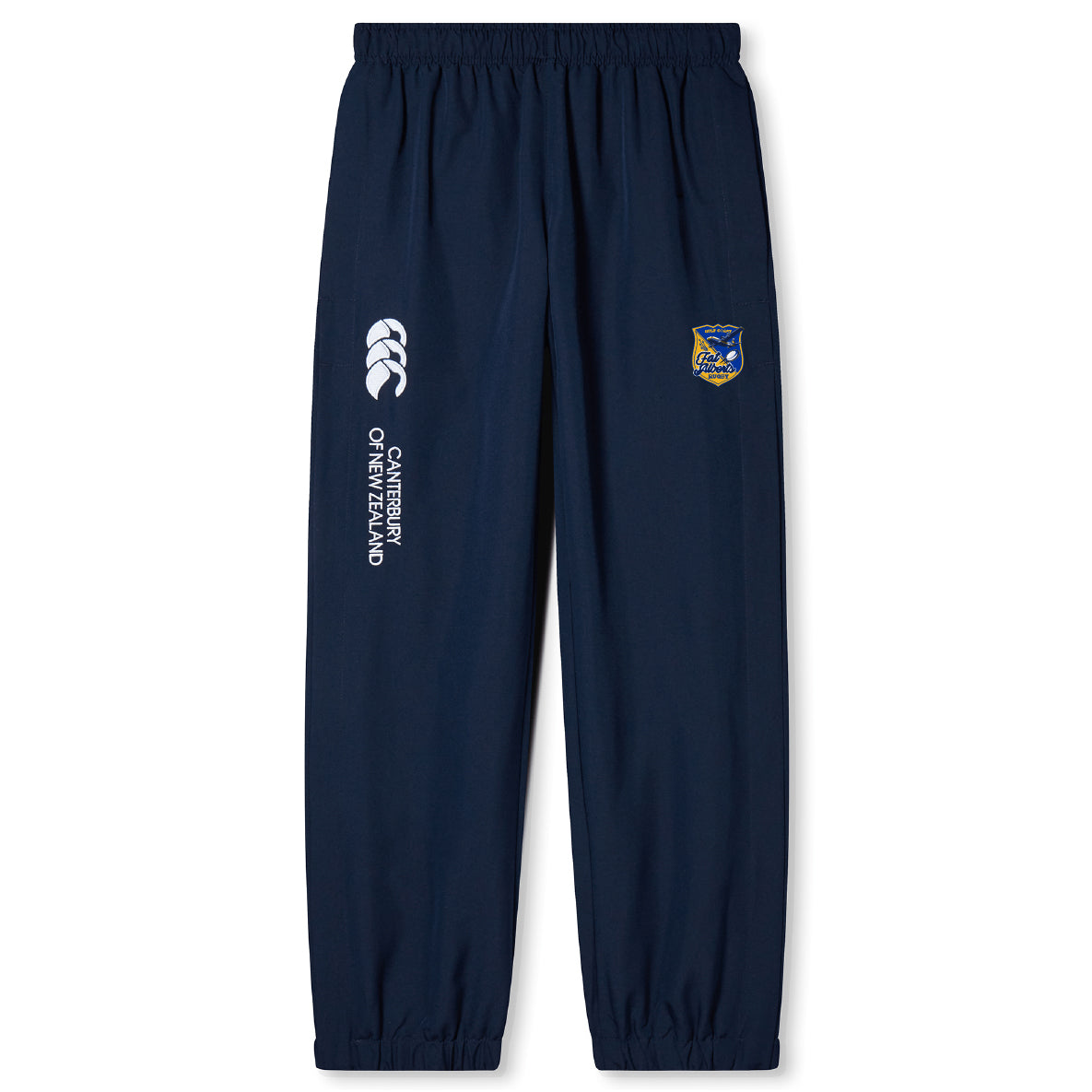 The Gulf Coast Fat Alberts Cuffed Hem Stadium Pant by EMB Canterbury features an elastic waistband, cuffed hem, Canterbury branding, and a left leg crest—ideal men's rugby pants for comfort and style.