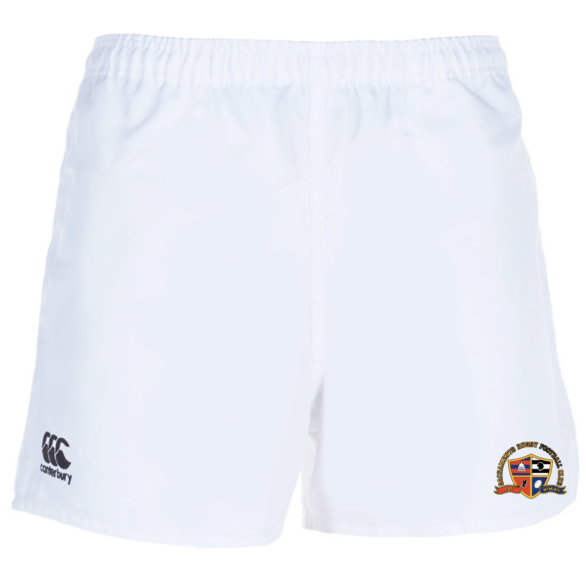 The EMB Canterbury Sacramento Rugby Football Club Player's Drill Short features an elastic waistband, logo on the left leg, and a colorful crest on the right—perfect for rugby drills or versatile training.