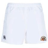 The EMB Canterbury Sacramento Rugby Football Club Player's Drill Short features an elastic waistband, logo on the left leg, and a colorful crest on the right—perfect for rugby drills or versatile training.