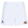 The EMB Canterbury Sacramento Rugby Football Club Player's Drill Short features an elastic waistband, logo on the left leg, and a colorful crest on the right—perfect for rugby drills or versatile training.