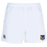 The Gulf Coast Fat Alberts Advantage Rugby Shorts by EMB Canterbury feature an elastic waistband, CCC logo on the left leg, a blue and yellow team crest on the right, and moisture-wicking fabric for comfort on the field.
