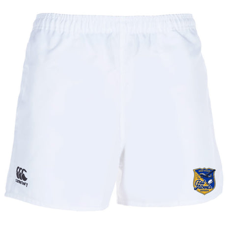 The Gulf Coast Fat Alberts Advantage Rugby Shorts by EMB Canterbury feature an elastic waistband, CCC logo on the left leg, a blue and yellow team crest on the right, and moisture-wicking fabric for comfort on the field.