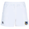 The EMB Canterbury Gulf Coast Fat Alberts Professional Rugby Short is made from durable polyester, with an elastic waistband, side pockets, the Canterbury logo on the left leg, and a blue/yellow East Allstars Varsity badge on the right.