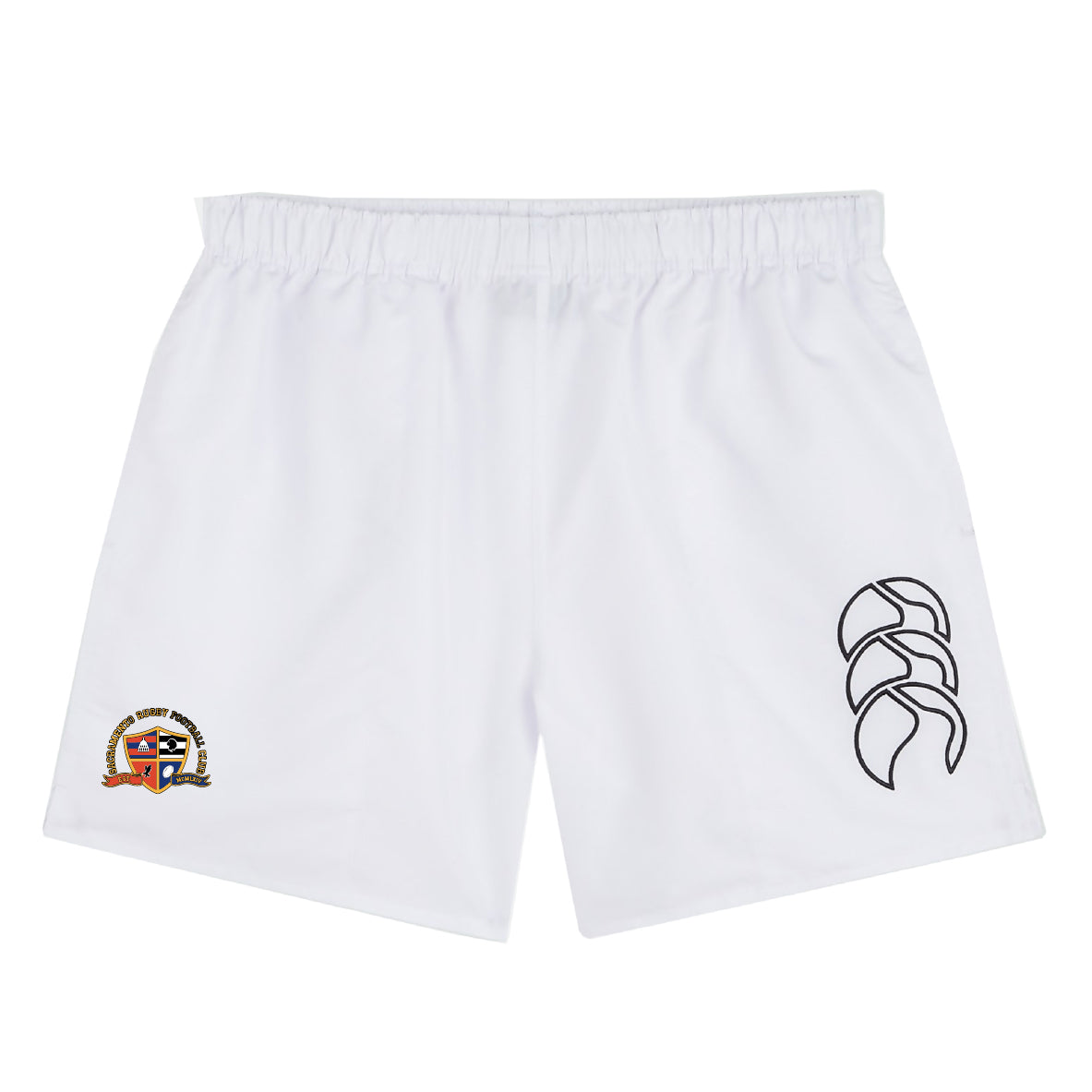 The Sacramento Rugby Football Club Tactic Short by EMB Canterbury features a comfortable elastic waistband, embroidered crest, and bold black logo—perfect men’s rugby shorts for training sessions.