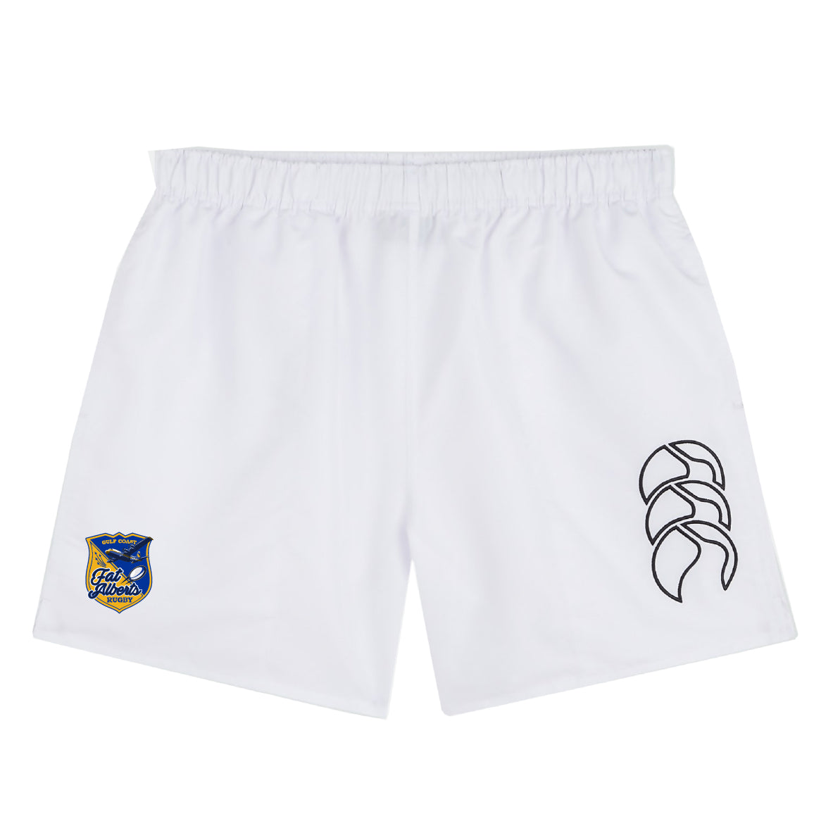 The EMB Canterbury Gulf Coast Fat Alberts Tactic Short is a white, lightweight men's training short with a blue and yellow badge on the left leg and black logo on the right—ideal for gym sessions.