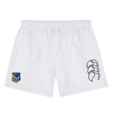 The EMB Canterbury Gulf Coast Fat Alberts Tactic Short is a white, lightweight men's training short with a blue and yellow badge on the left leg and black logo on the right—ideal for gym sessions.