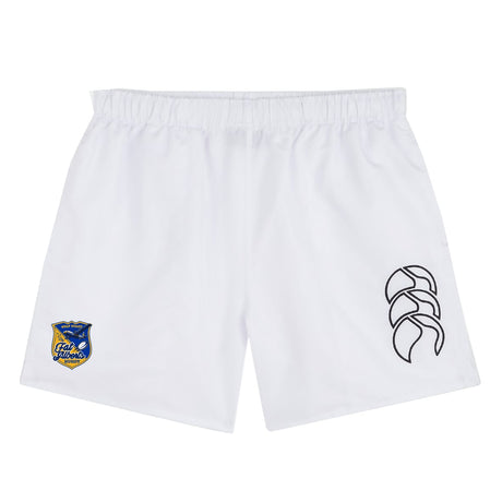 The EMB Canterbury Gulf Coast Fat Alberts Tactic Short is a white, lightweight men's training short with a blue and yellow badge on the left leg and black logo on the right—ideal for gym sessions.