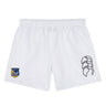 The EMB Canterbury Gulf Coast Fat Alberts Tactic Short is a white, lightweight men's training short with a blue and yellow badge on the left leg and black logo on the right—ideal for gym sessions.