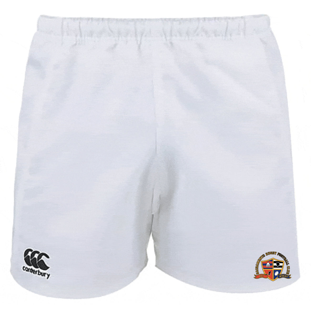 The Sacramento Rugby Football Club Professional Polyester Rugby Short by EMB Canterbury features an elastic waistband, a Canterbury logo on the left leg, and a colored crest logo on the right.