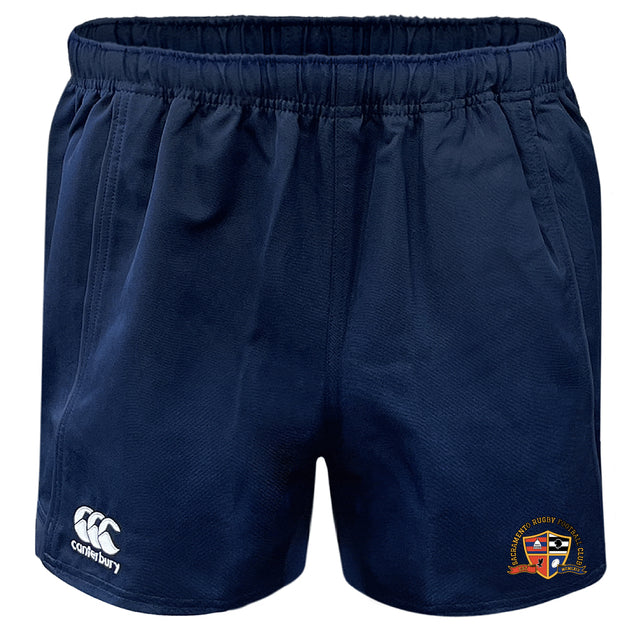 The Sacramento Rugby Football Club Professional Polyester Rugby Short by EMB Canterbury features an elastic waistband, the Canterbury logo on the left leg, an embroidered crest on the right leg, and classic, durable rugby styling.