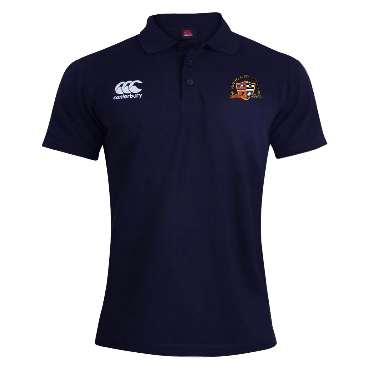 The EMB Canterbury Sacramento Rugby Football Club Waimak Polo features navy blue short sleeves, a CCC logo on the right chest, and a crest emblem on the left chest.