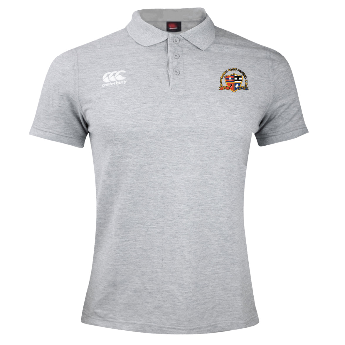 A light grey men's rugby shirt with short sleeves, a collar, three buttons, the EMB Canterbury logo on the right chest, and an embroidered Sacramento Rugby Football Club crest—this is the Waimak Polo by Canterbury.