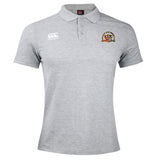 A light grey men's rugby shirt with short sleeves, a collar, three buttons, the EMB Canterbury logo on the right chest, and an embroidered Sacramento Rugby Football Club crest—this is the Waimak Polo by Canterbury.