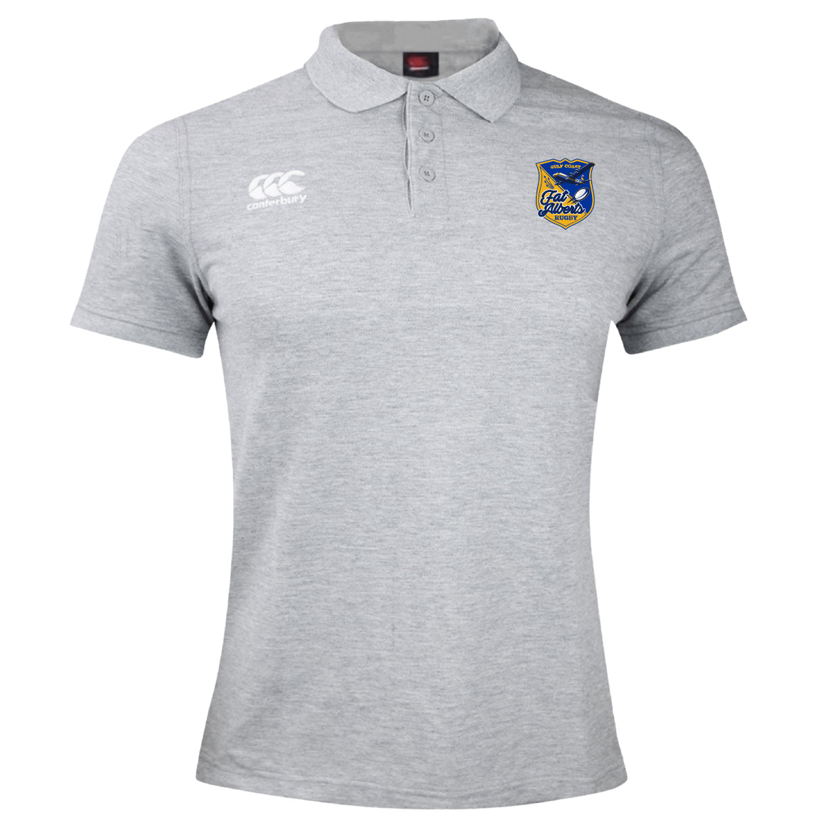 The Gulf Coast Fat Alberts Waimak Polo by EMB Canterbury is a light grey rugby polo featuring the Canterbury logo on the right chest and a blue and yellow embroidered badge on the left.