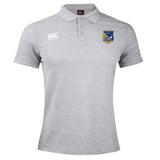 The Gulf Coast Fat Alberts Waimak Polo by EMB Canterbury is a light grey rugby polo featuring the Canterbury logo on the right chest and a blue and yellow embroidered badge on the left.