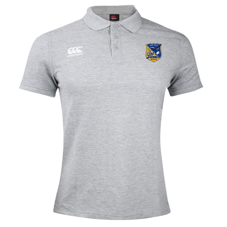 The Gulf Coast Fat Alberts Waimak Polo by EMB Canterbury is a light grey rugby polo featuring the Canterbury logo on the right chest and a blue and yellow embroidered badge on the left.
